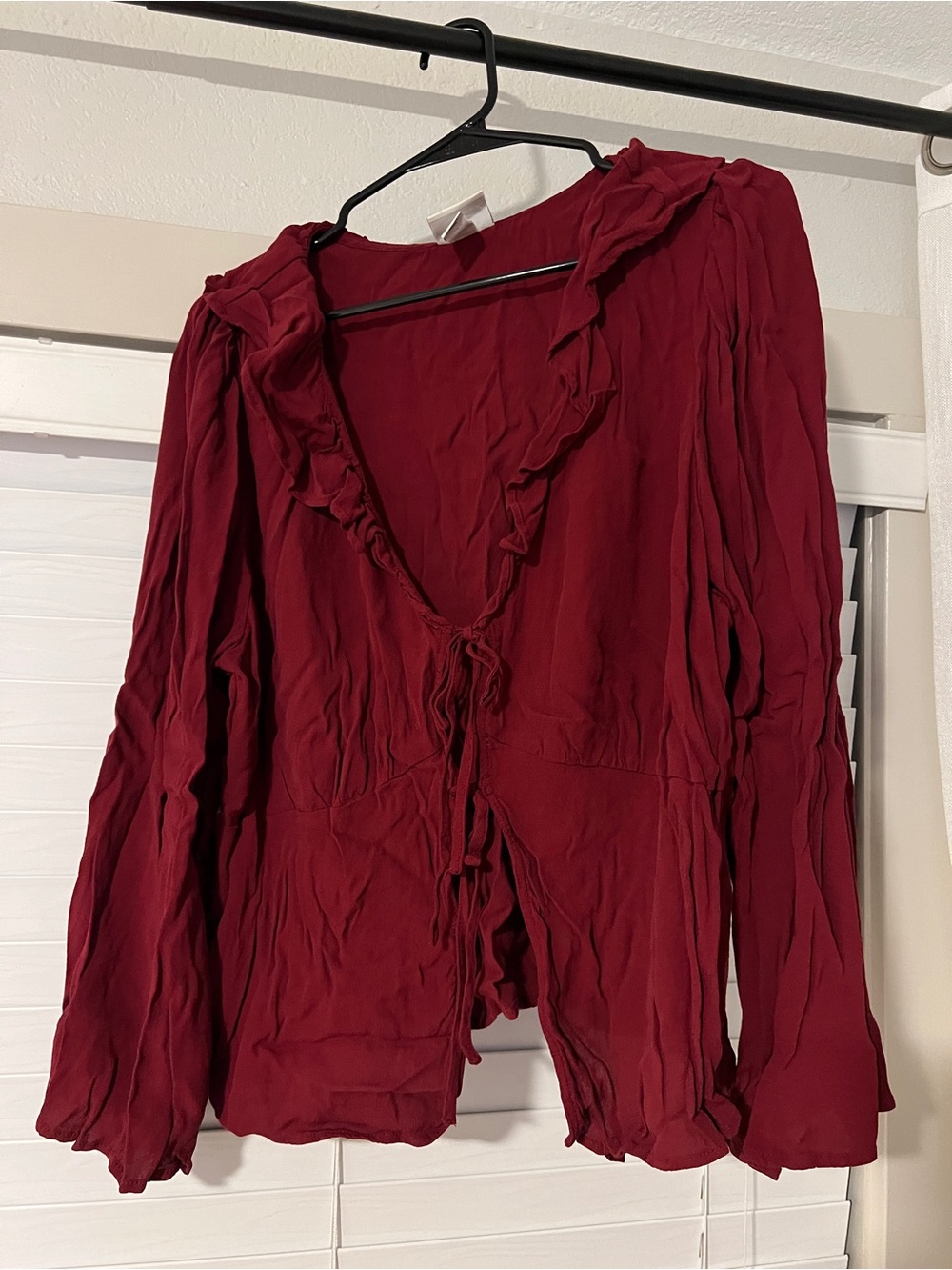 Women’s Burgundy Ruffled Tie-Front Blouse - Picture 1 of 2